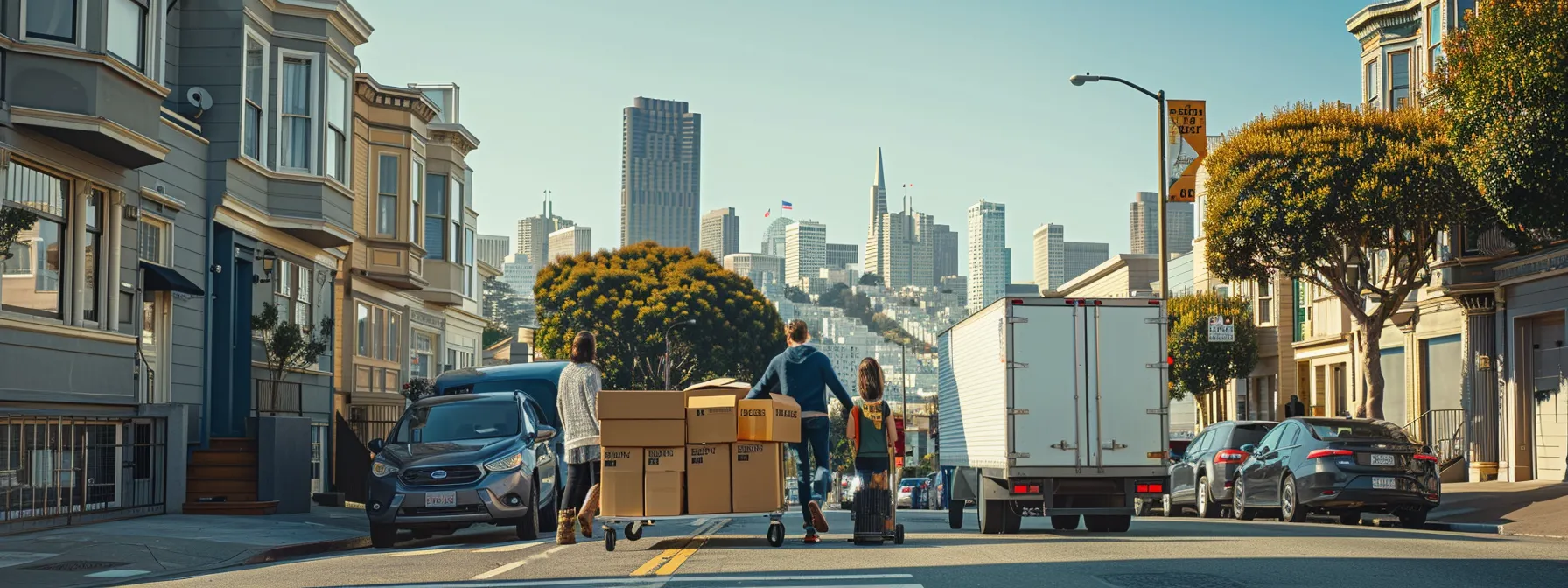 a family loading boxes into a moving truck with the backdrop of san francisco's iconic skyline in the distance. a family loading boxes into a moving truck with the backdrop of san francisco's iconic skyline in the distance.