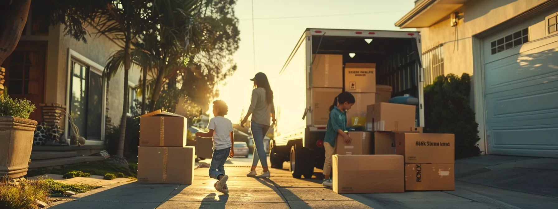 a family packing boxes in front of a moving truck, carefully documenting their belongings for their interstate relocation from los angeles. a family packing boxes in front of a moving truck, carefully documenting their belongings for their interstate relocation from los angeles.