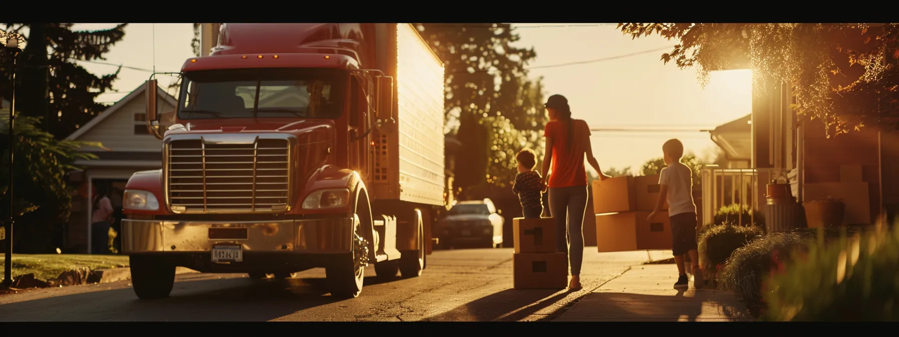 a family packing boxes together, with a moving truck in the background ready for a cross country journey. a family packing boxes together, with a moving truck in the background ready for a cross country journey.
