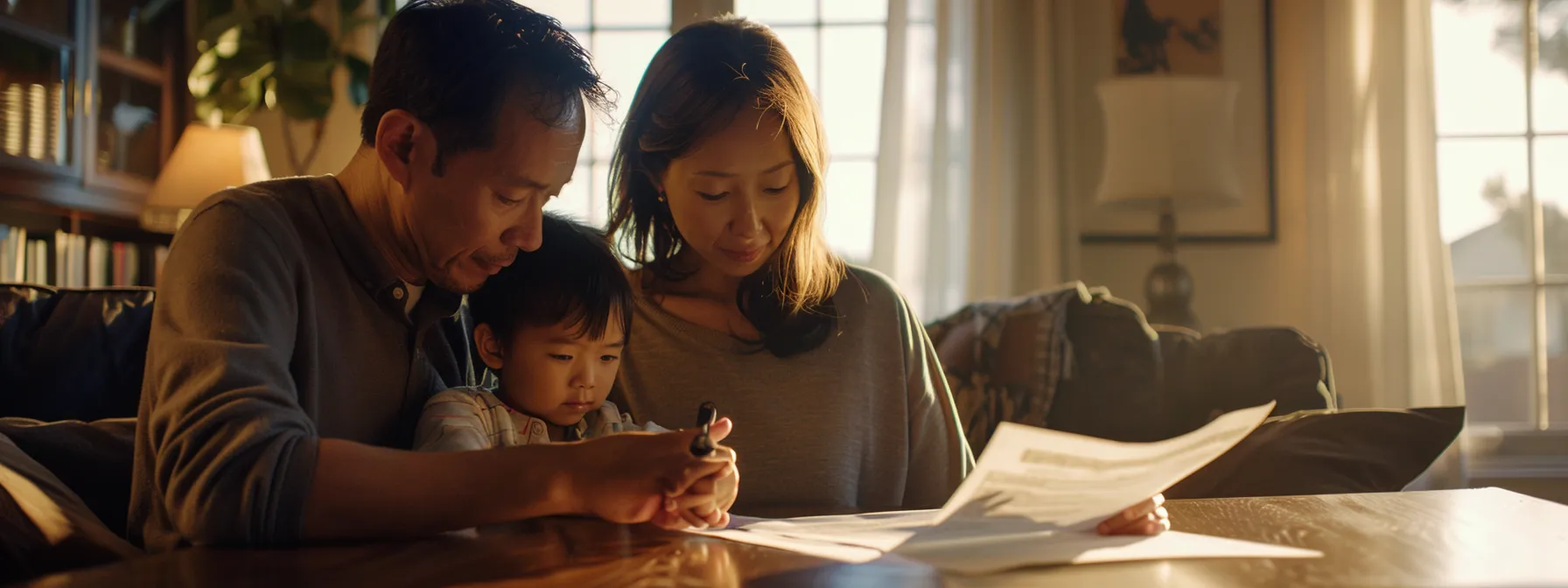 a family reviewing a detailed written estimate and contract with a moving company, ensuring protection and peace of mind during their relocation process. a family reviewing a detailed written estimate and contract with a moving company, ensuring protection and peace of mind during their relocation process.