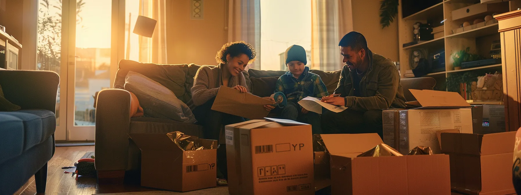 a family reviewing a moving contract together, surrounded by stacks of moving boxes in their living room.