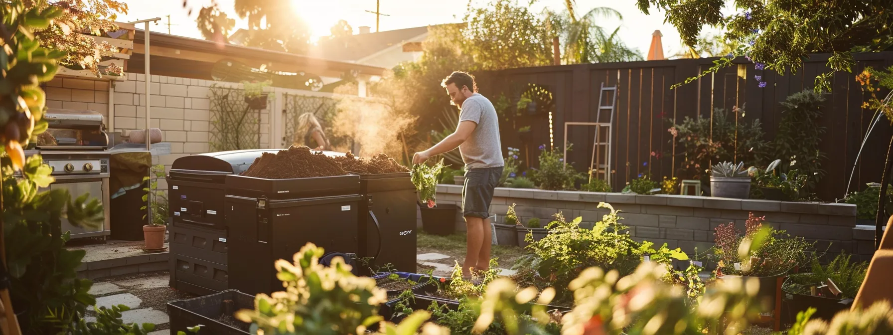 a family setting up a recycling and composting system in their new backyard in irvine, ca, under the bright californian sun.
