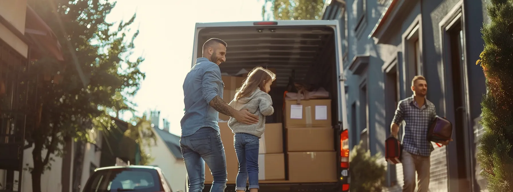 a family smiling as they watch an eco-friendly moving company loading their belongings into a green-certified truck.