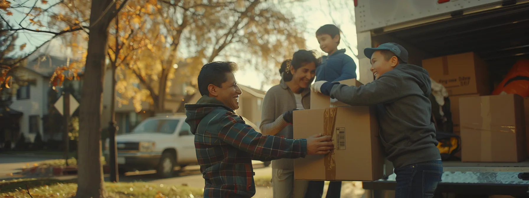 a family smiling as they watch professional movers carefully load their belongings onto a moving truck, showcasing a stress-free moving day. a family smiling as they watch professional movers carefully load their belongings onto a moving truck, showcasing a stress-free moving day.