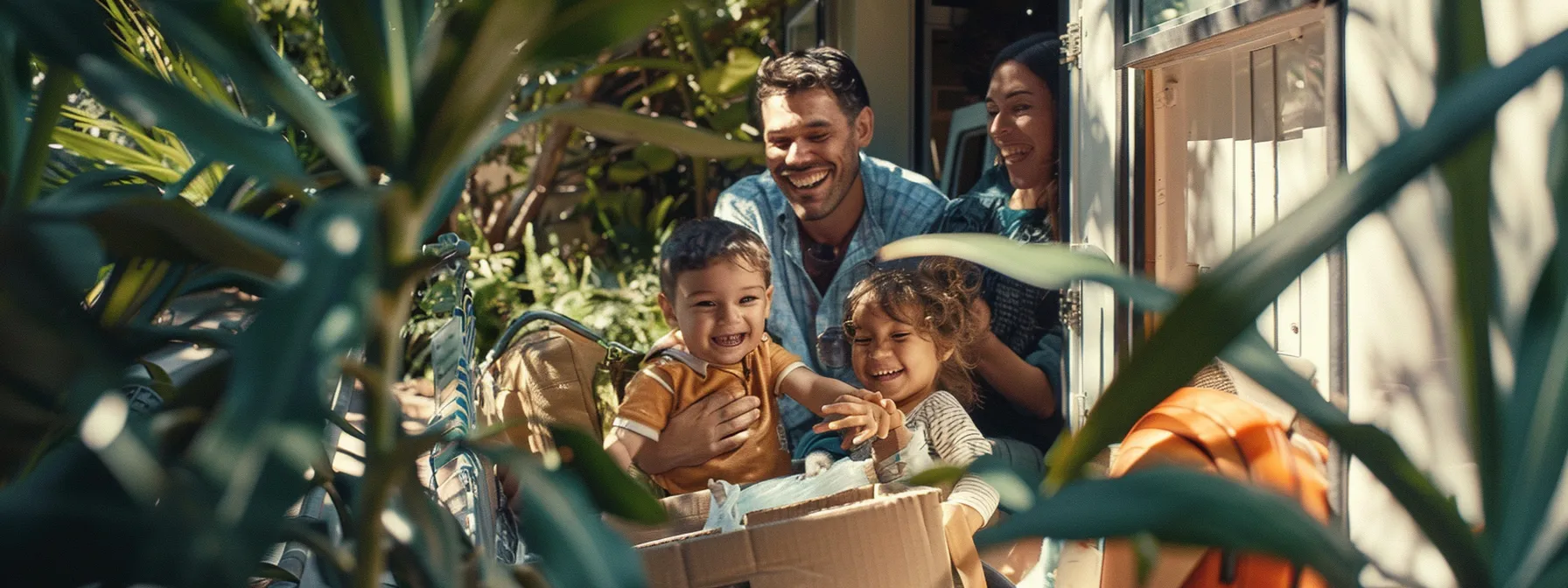 a family smiling as they watch cost-effective movers carefully loading their belongings into a moving truck.