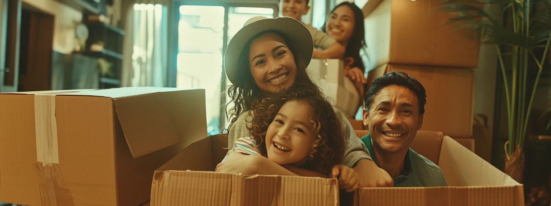 a family smiling, surrounded by organized moving boxes labeled with same-day moving service logo, reflecting the stress-free and efficient relocation process in los angeles. a family smiling, surrounded by organized moving boxes labeled with same-day moving service logo, reflecting the stress-free and efficient relocation process in los angeles.
