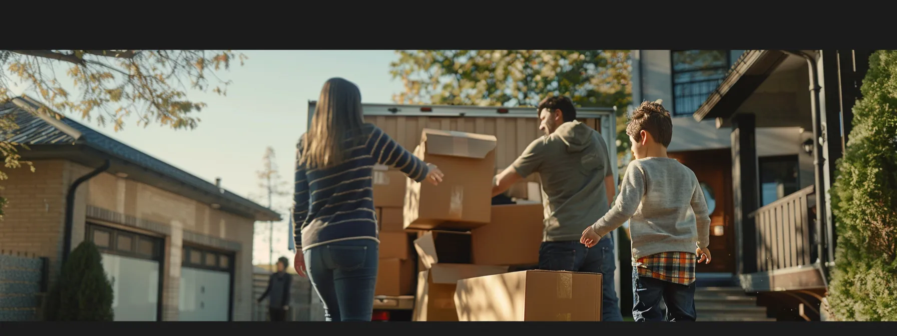 a family smiling while watching professional movers unloading boxes in front of a new home, showcasing a stress-free and organized moving day.
