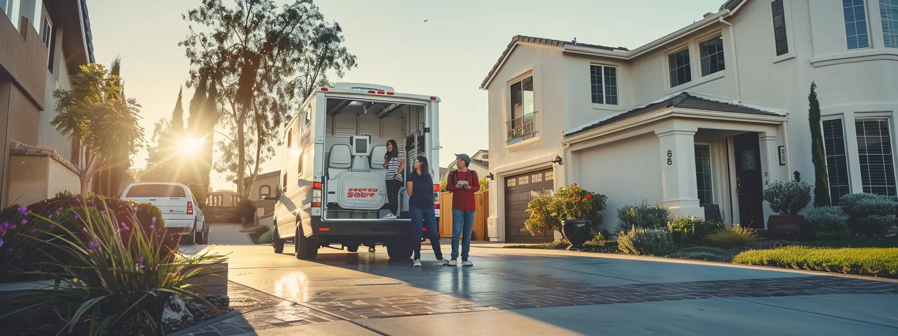 a family standing in front of a moving truck, adorned with the logo of a reputable long-distance moving company, in a sunny residential neighborhood of orange county. a family standing in front of a moving truck, adorned with the logo of a reputable long-distance moving company, in a sunny residential neighborhood of orange county.