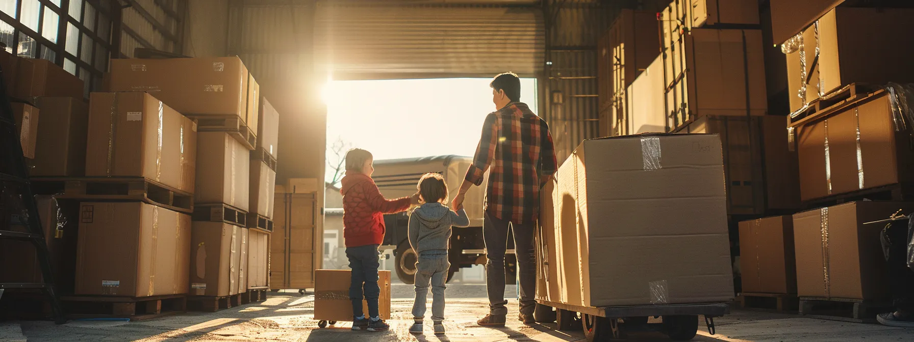 a family standing in front of a moving truck, surrounded by cardboard boxes labeled with different rooms, assessing their moving needs. a family standing in front of a moving truck, surrounded by cardboard boxes labeled with different rooms, assessing their moving needs.