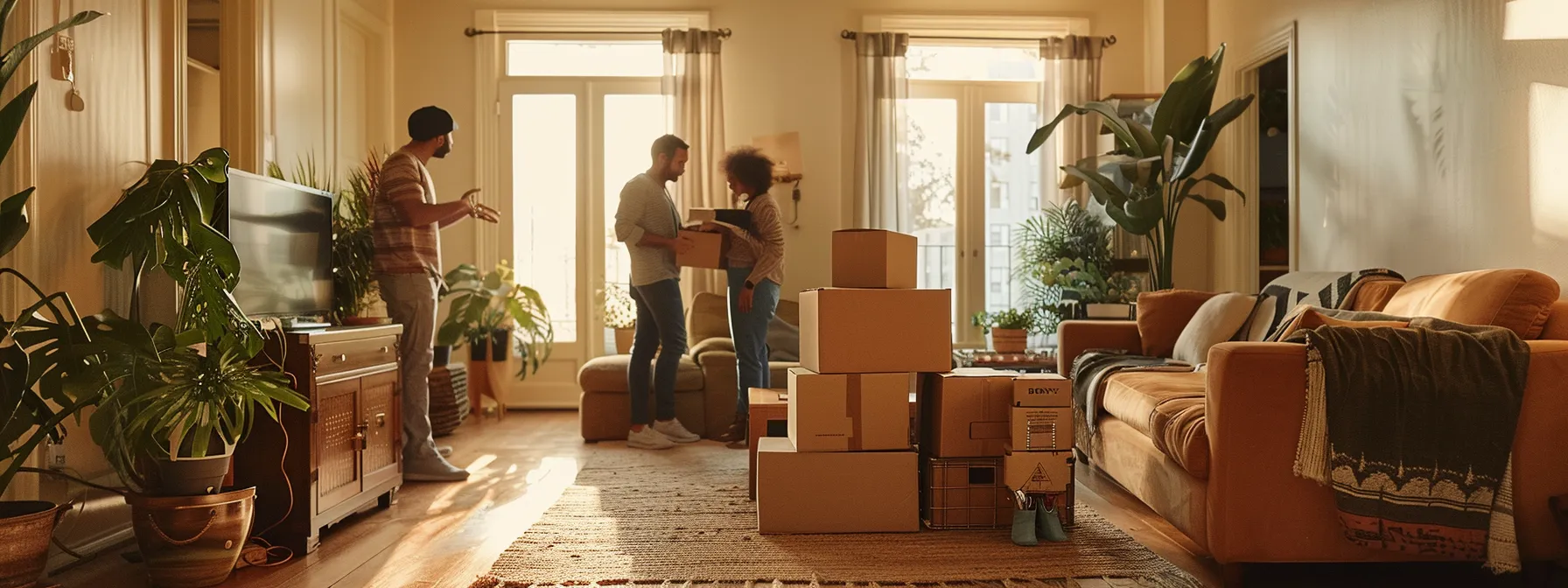 a family standing in their organized, empty living room, discussing logistics with san francisco moving company professionals, surrounded by packed boxes, ready for their long distance move.