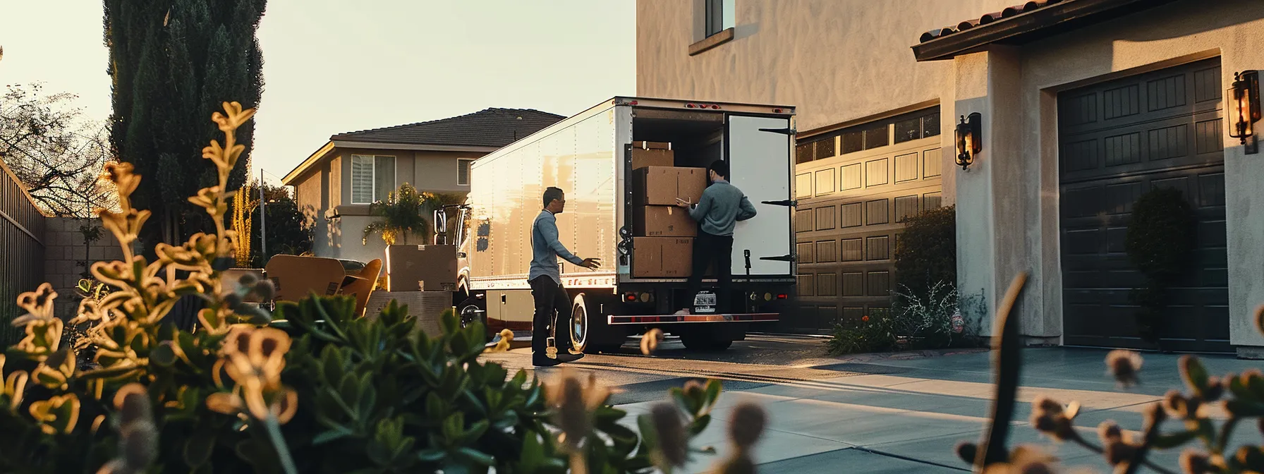 a family standing outside their home in irvine, ca, surrounded by moving boxes and a professional moving truck, as they prepare to select the right long-distance moving company.