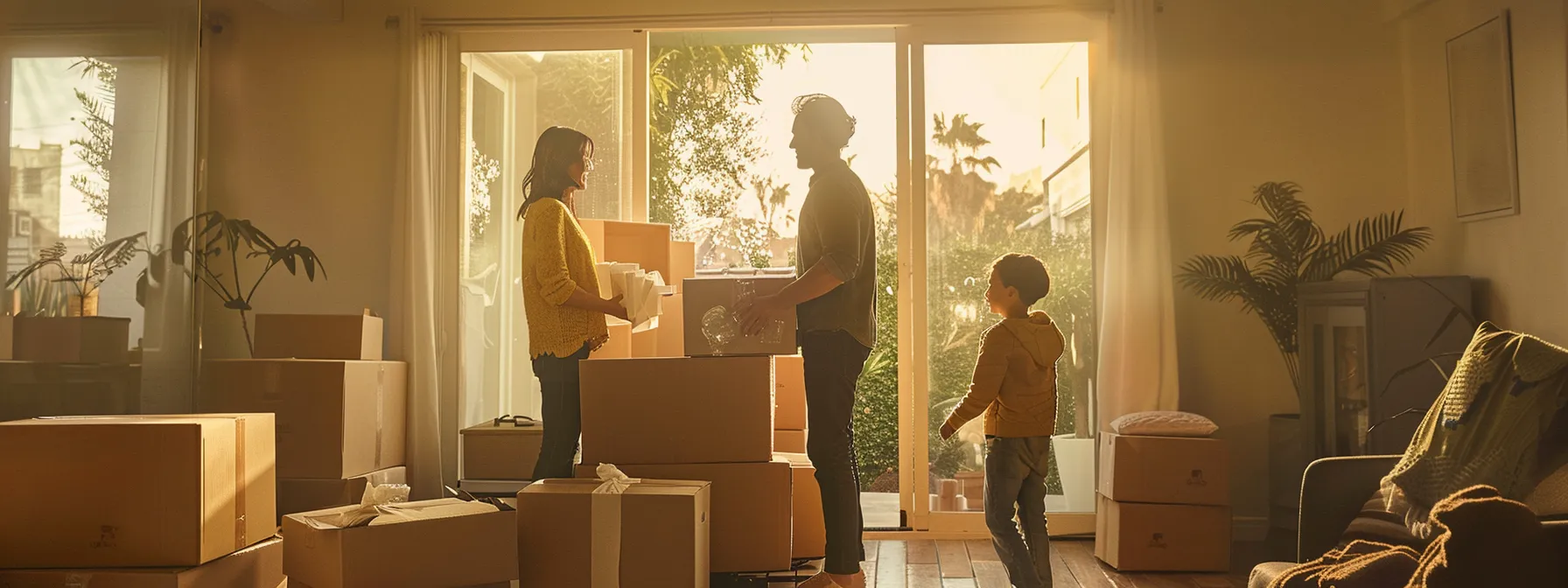 a family stands in their empty living room, surrounded by packed moving boxes, as professional movers carefully wrap furniture for their stress-free la relocation. a family stands in their empty living room, surrounded by packed moving boxes, as professional movers carefully wrap furniture for their stress-free la relocation.