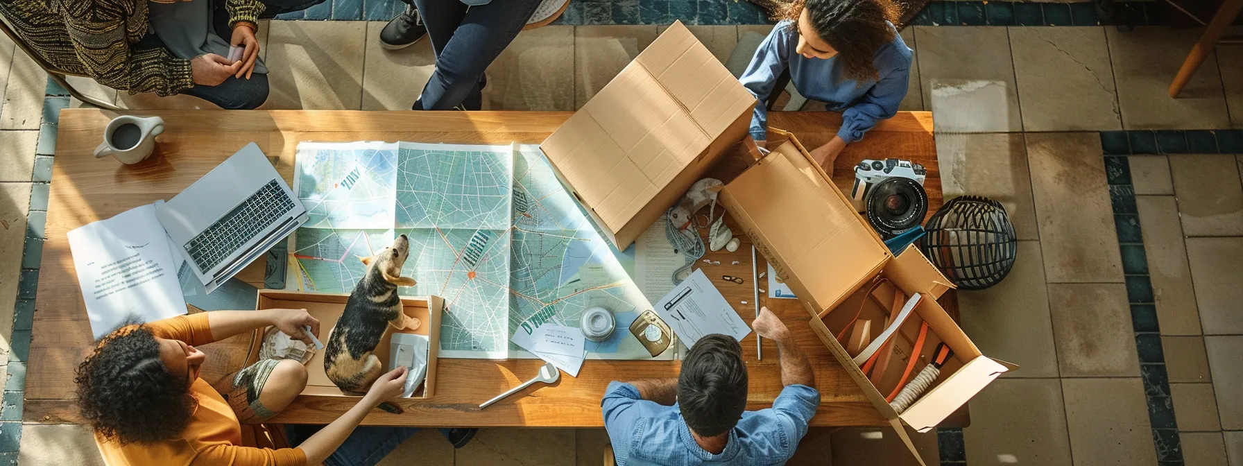 a family surrounded by moving boxes and pet carriers, with a map of irvine, ca on the table and important documents neatly organized, preparing for a smooth transition to their new home. a family surrounded by moving boxes and pet carriers, with a map of irvine, ca on the table and important documents neatly organized, preparing for a smooth transition to their new home.