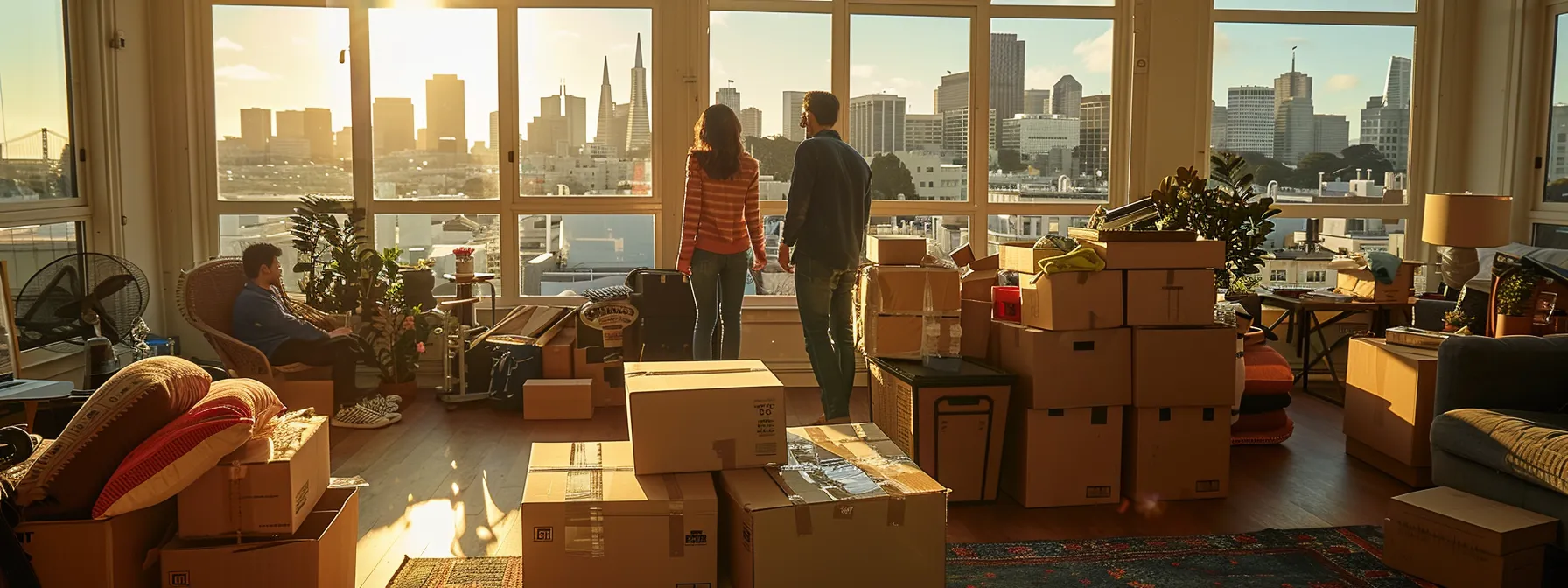 a family surrounded by packed moving boxes, checking a detailed moving checklist with a view of the san francisco skyline in the background.