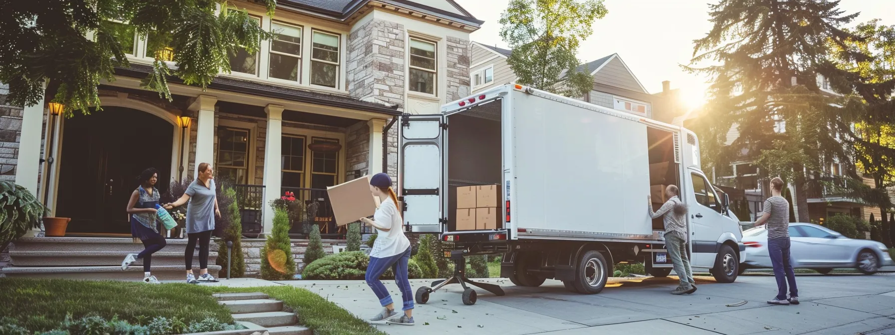 a family unloading a moving truck in front of a new home, surrounded by professional and trustworthy movers in action, ensuring a stress-free and safe moving experience. a family unloading a moving truck in front of a new home, surrounded by professional and trustworthy movers in action, ensuring a stress-free and safe moving experience.