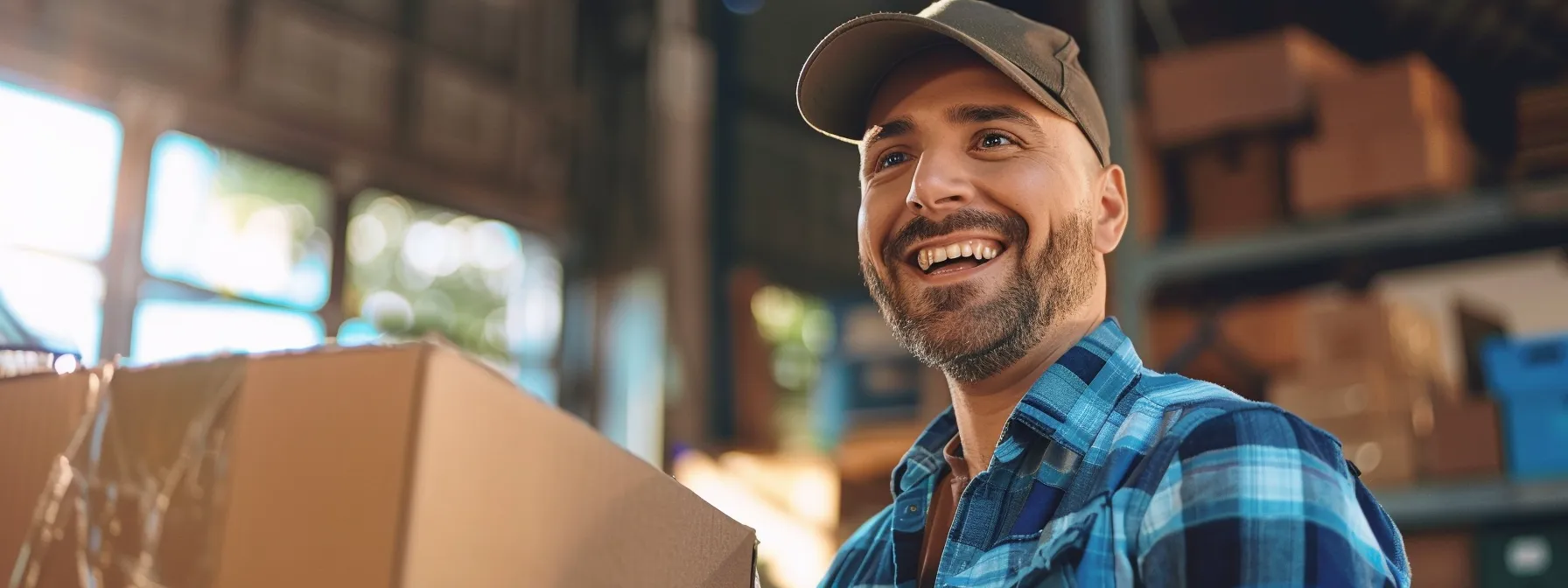 a friendly mover in orange county assists a smiling customer select customized moving plans, showcasing personalized service.