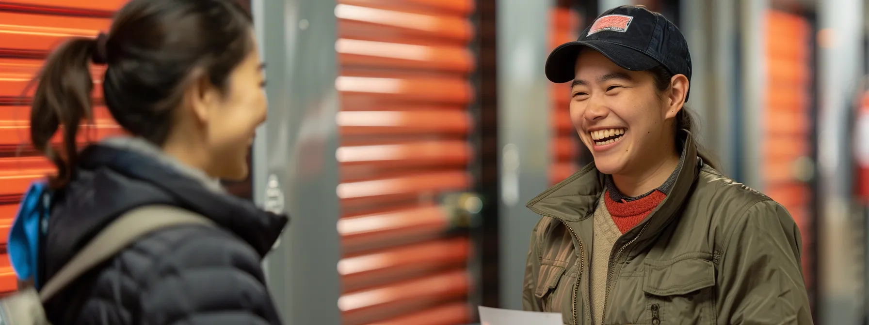 a friendly storage expert assisting a customer with a smile at a state-of-the-art facility in downtown san francisco. (geo-tags: 37.7749° n, 122.4194° w)