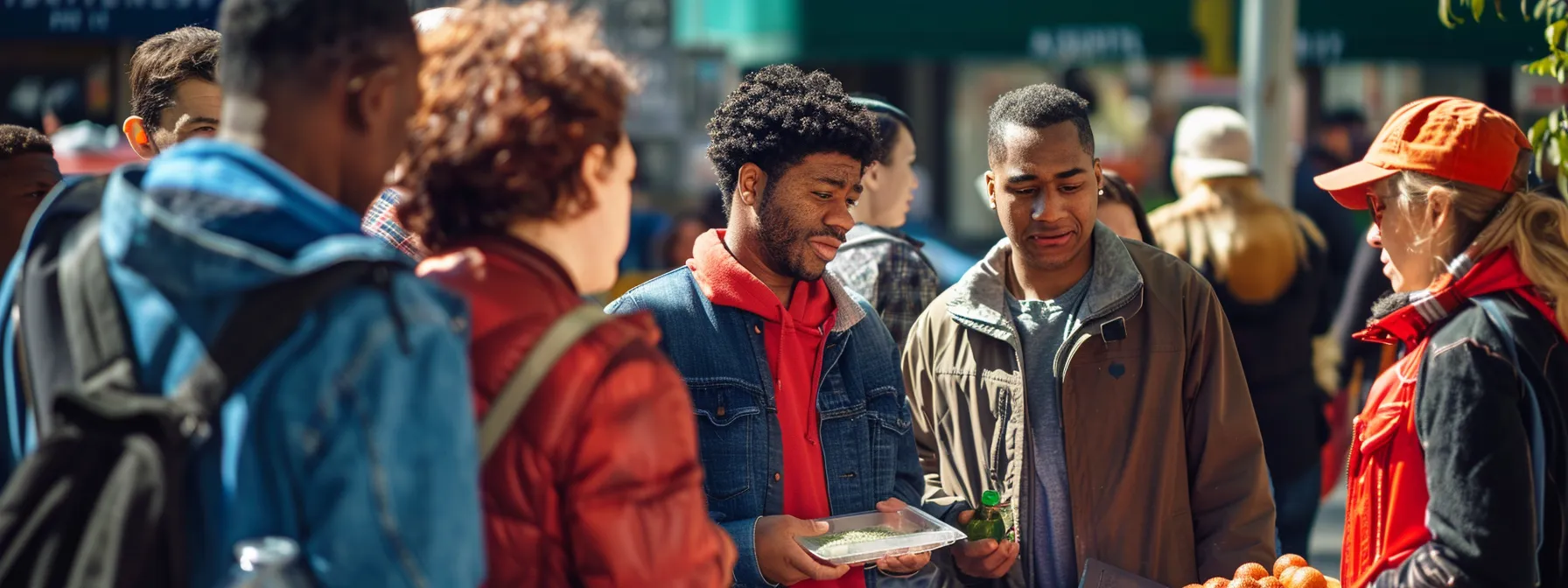 a group of diverse individuals gathered at a bustling farmers market in downtown san francisco, sampling organic produce and engaging in lively conversations. a group of diverse individuals gathered at a bustling farmers market in downtown san francisco, sampling organic produce and engaging in lively conversations.