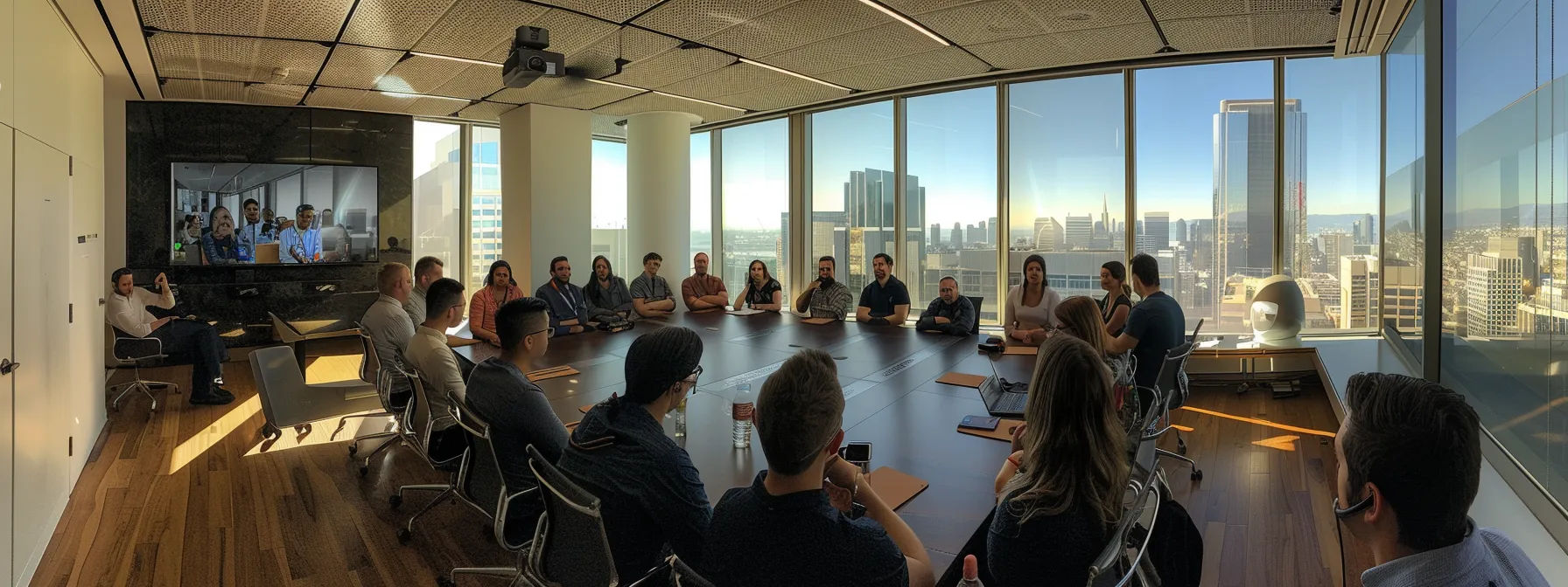 a group of employees gathered in a modern office boardroom in downtown san francisco, attentively listening to a presenter discussing the logistics of the upcoming office relocation. a group of employees gathered in a modern office boardroom in downtown san francisco, attentively listening to a presenter discussing the logistics of the upcoming office relocation.