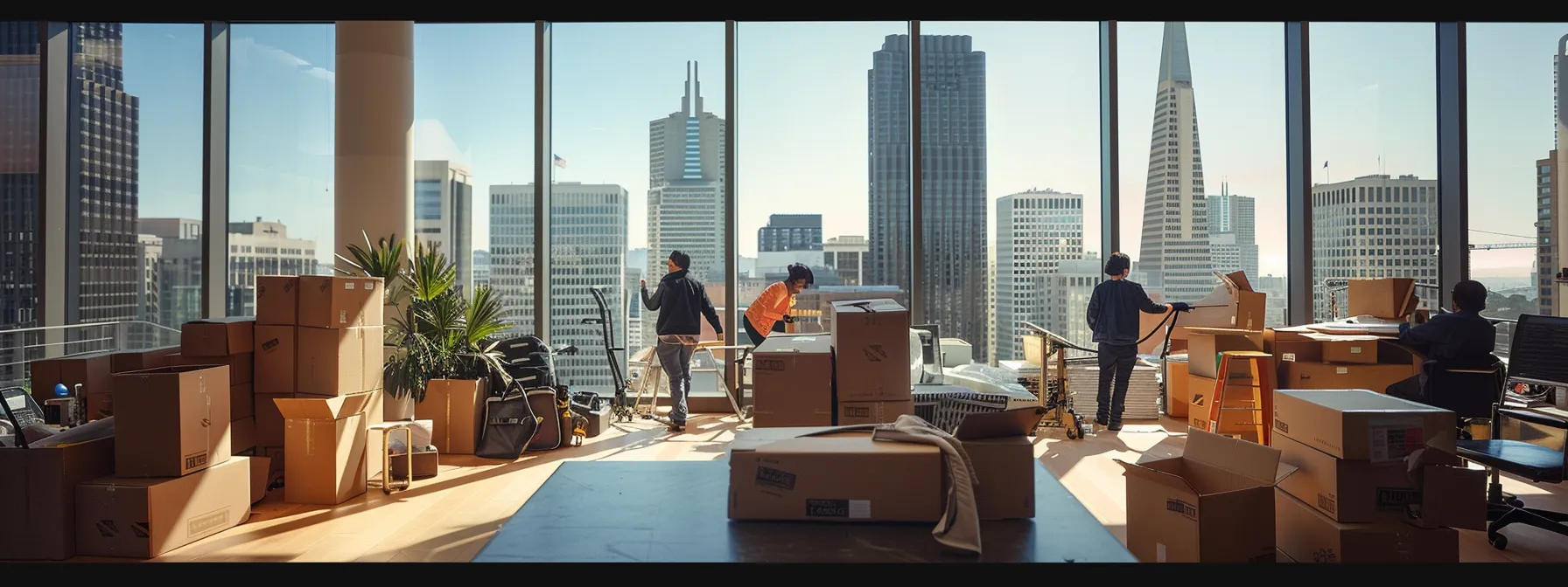 a group of experienced movers carefully handling heavy equipment in a modern san francisco office, surrounded by boxes and moving supplies, with the iconic skyline in the background. a group of experienced movers carefully handling heavy equipment in a modern san francisco office, surrounded by boxes and moving supplies, with the iconic skyline in the background.