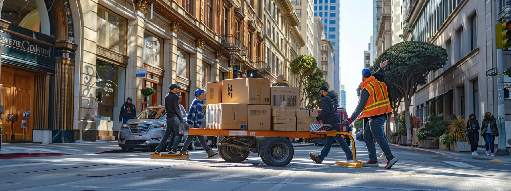 a group of experienced movers carefully transporting furniture through the vibrant streets of downtown san francisco, showcasing efficiency and professionalism in their local moving services. a group of experienced movers carefully transporting furniture through the vibrant streets of downtown san francisco, showcasing efficiency and professionalism in their local moving services.