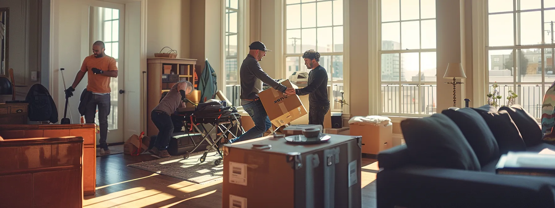 a group of experienced movers in san francisco, equipped with modern tools, expertly handling furniture in an upscale urban apartment setting. a group of experienced movers in san francisco, equipped with modern tools, expertly handling furniture in an upscale urban apartment setting.