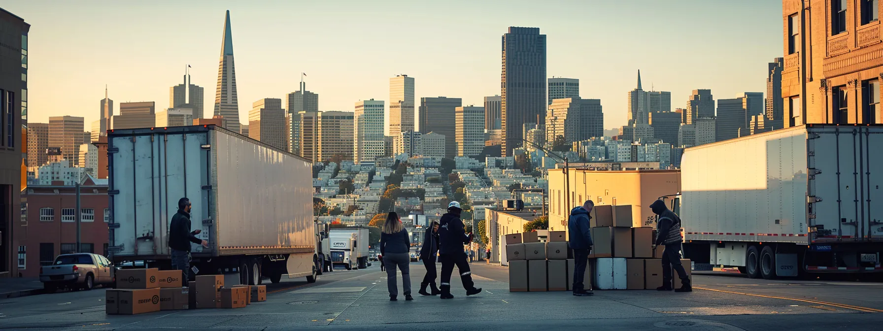 a group of experienced office movers carefully packing and loading boxes into a moving truck against the backdrop of san francisco's iconic skyline. a group of experienced office movers carefully packing and loading boxes into a moving truck against the backdrop of san francisco's iconic skyline.