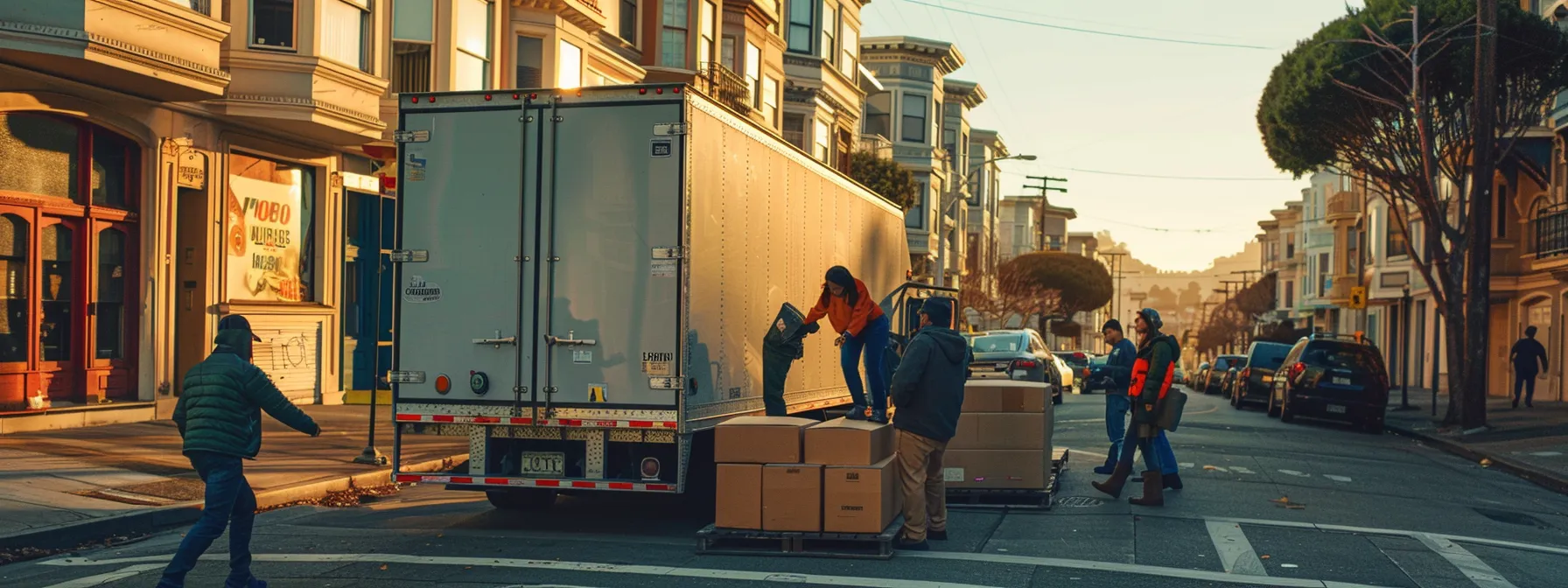 a group of local movers in san francisco skillfully maneuvering furniture into a moving truck, showcasing their reliability and trustworthiness in the community.