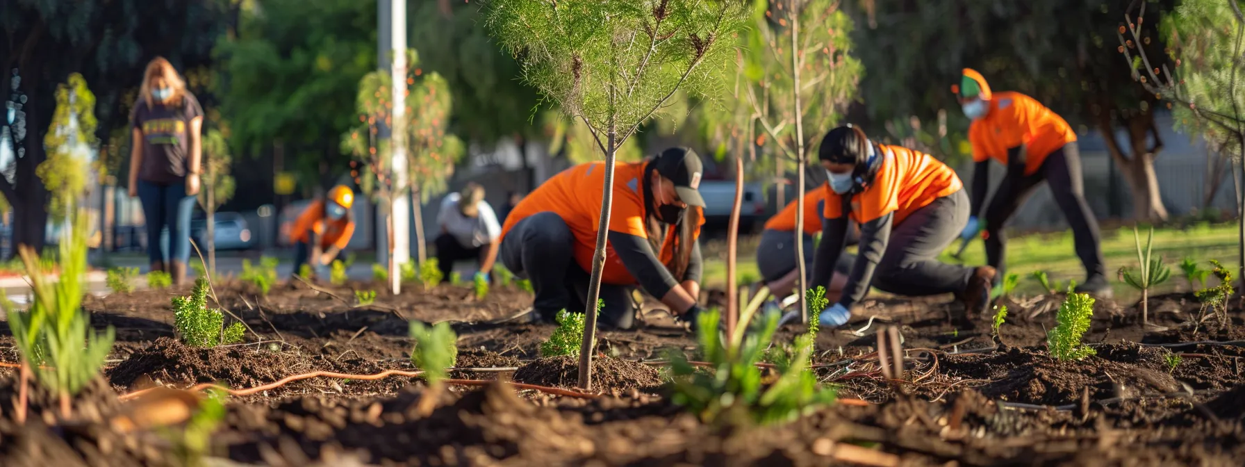 a group of move central employees planting trees in a vibrant los angeles community park. a group of move central employees planting trees in a vibrant los angeles community park.