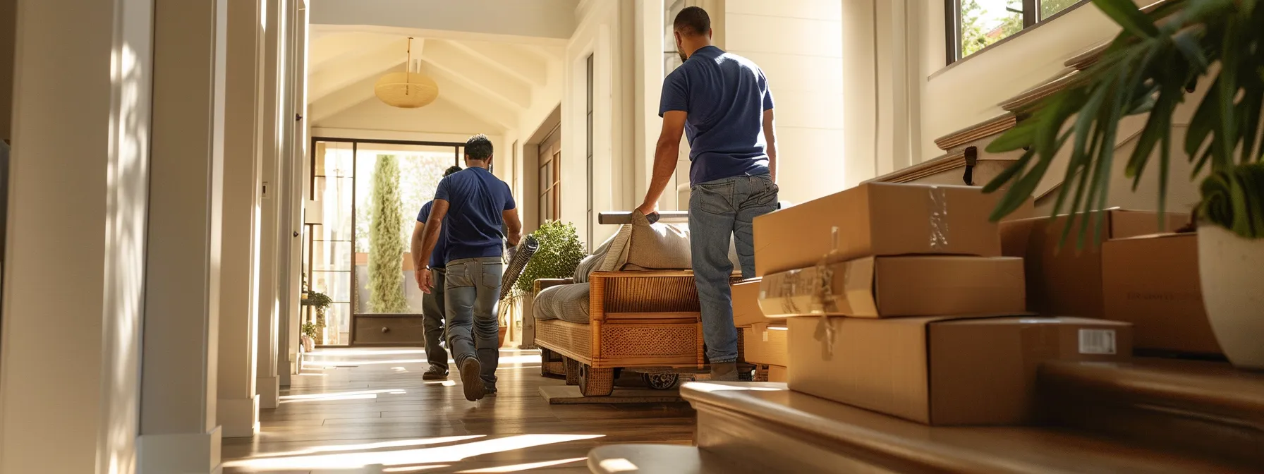 a group of movers carefully transporting a luxurious sofa down a narrow staircase in a modern la home, showcasing their expertise and attention to detail. a group of movers carefully transporting a luxurious sofa down a narrow staircase in a modern la home, showcasing their expertise and attention to detail.
