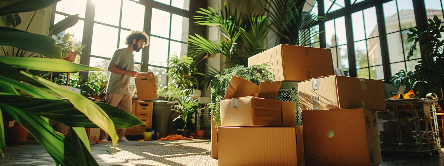 a group of movers carefully packing delicate items into eco-friendly boxes and wrapping materials in a brightly lit room, surrounded by green plants and natural light streaming in through the windows.