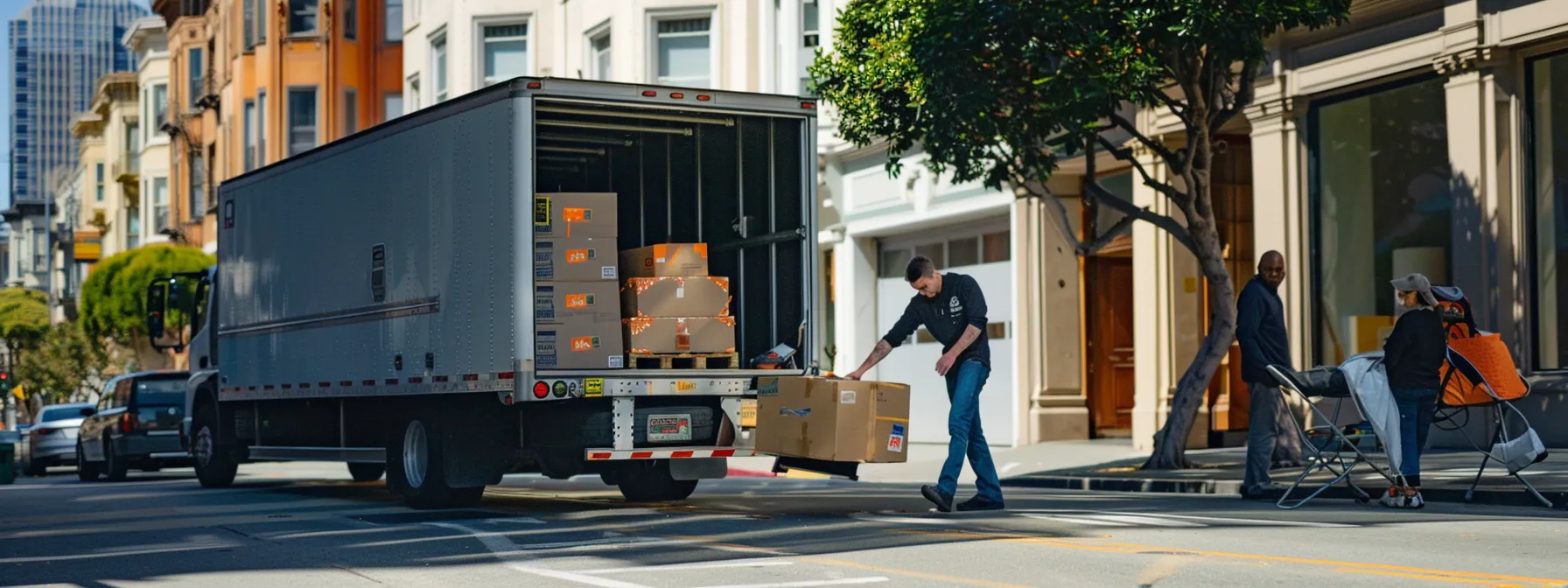 a group of movers carefully loading furniture into a modern moving truck parked in downtown san francisco, showcasing efficiency and professionalism. a group of movers carefully loading furniture into a modern moving truck parked in downtown san francisco, showcasing efficiency and professionalism.