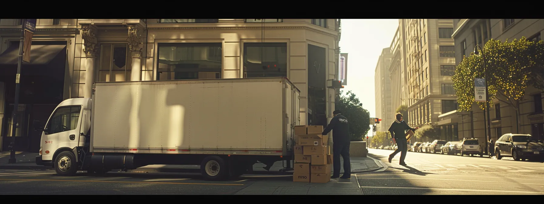 a group of movers carefully loading labeled boxes onto a sleek moving truck in downtown san francisco. a group of movers carefully loading labeled boxes onto a sleek moving truck in downtown san francisco.