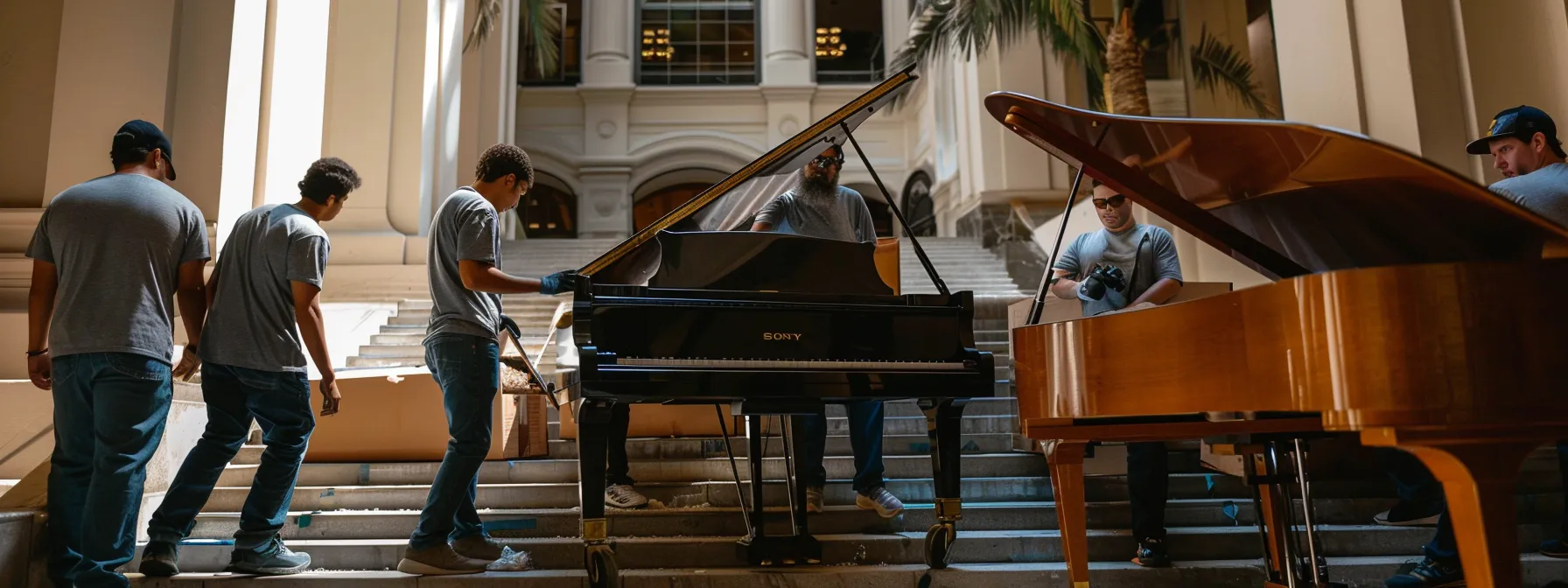 a group of movers carefully carrying a grand piano up a steep staircase in los angeles, highlighting the challenging task and specialized service required for such moves.