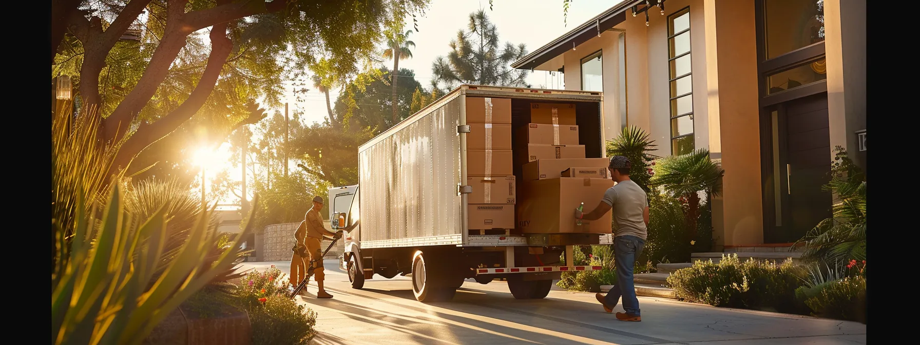 a group of movers carefully loading boxes into a moving truck outside a modern los angeles home, showcasing efficiency and professionalism.