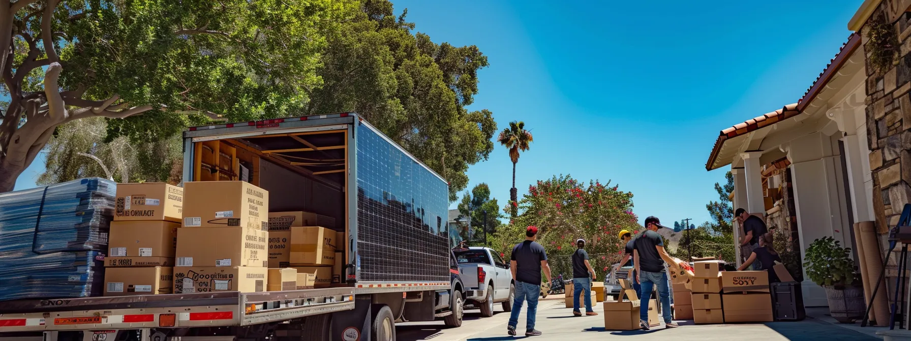 a group of movers in orange county loading eco-friendly moving boxes into a solar-powered truck, surrounded by lush greenery and clear blue skies. a group of movers in orange county loading eco-friendly moving boxes into a solar-powered truck, surrounded by lush greenery and clear blue skies.
