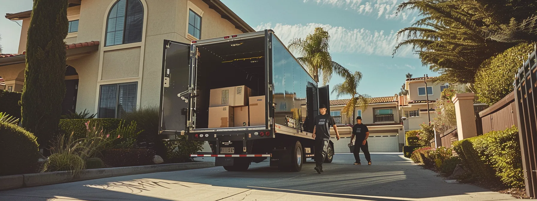 a group of movers in orange county carefully loading reusable moving boxes onto an electric truck, showcasing their commitment to sustainability.