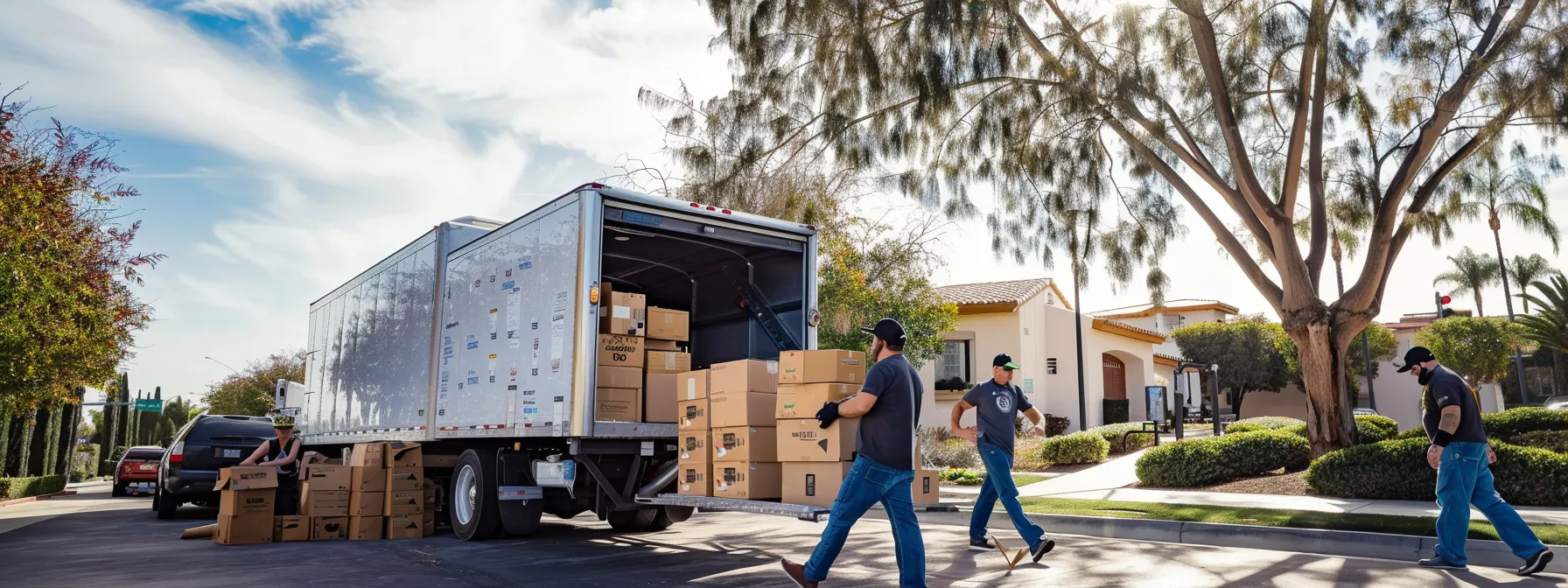 a group of movers in orange county carefully loading boxes and furniture into a sunny moving truck in irvine, ca. a group of movers in orange county carefully loading boxes and furniture into a sunny moving truck in irvine, ca.