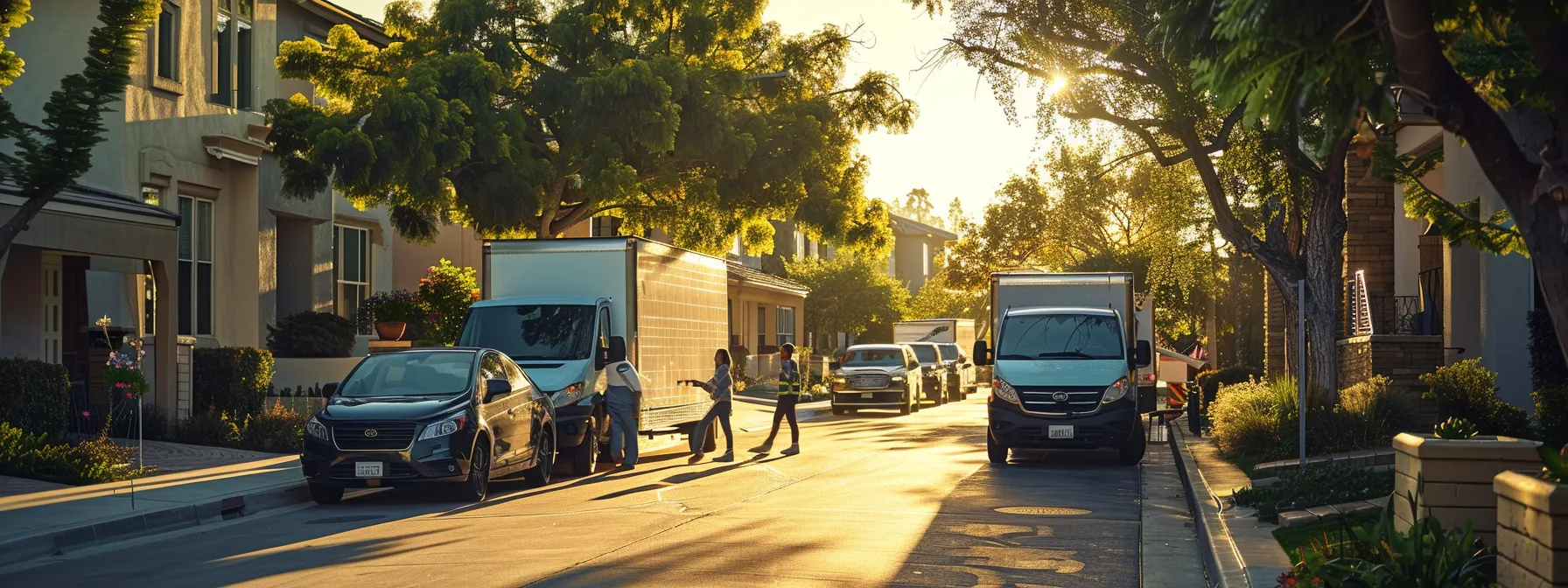 a group of movers loading energy-efficient moving trucks with solar panels in a bustling orange county neighborhood, showcasing their commitment to sustainability. a group of movers loading energy-efficient moving trucks with solar panels in a bustling orange county neighborhood, showcasing their commitment to sustainability.
