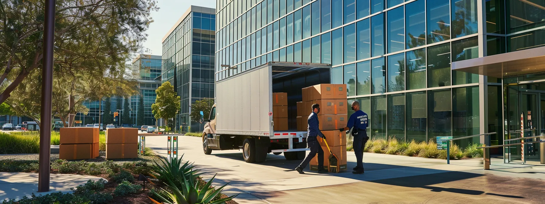 a group of movers unloading boxes from a truck outside a modern office building in irvine, ca, showcasing efficient logistics and community support. a group of movers unloading boxes from a truck outside a modern office building in irvine, ca, showcasing efficient logistics and community support.