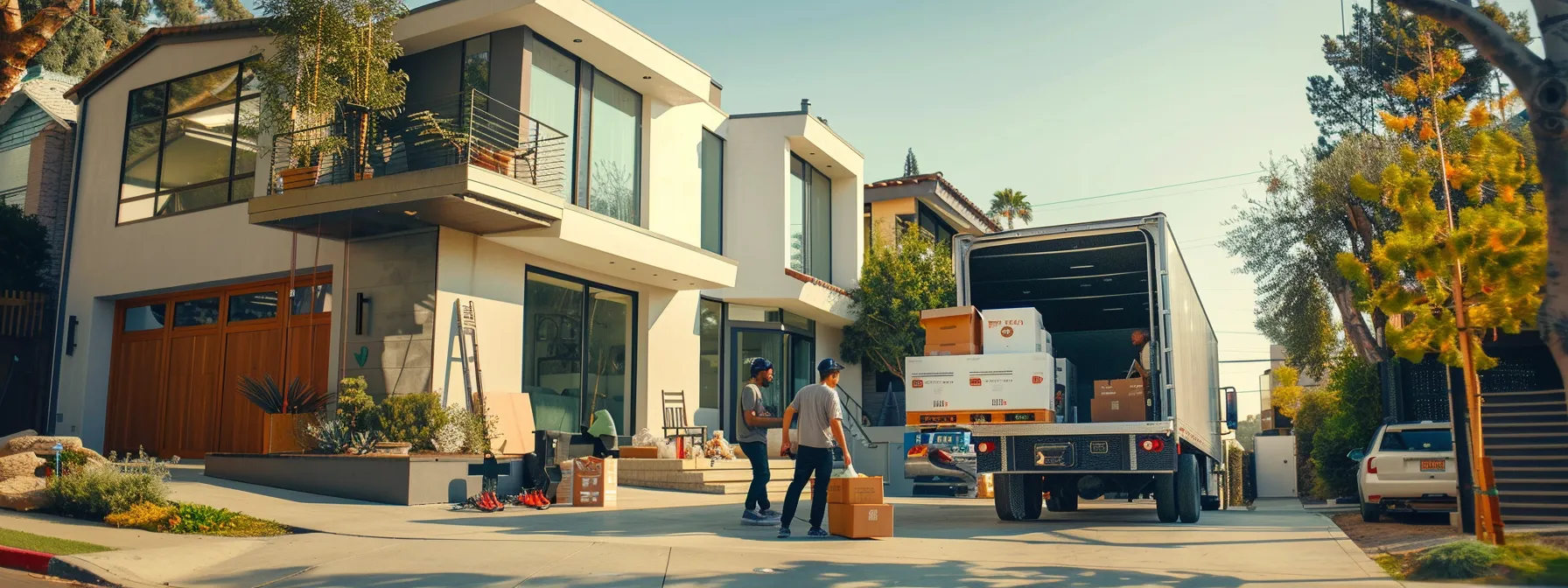 a group of movers unloading a truck filled with recyclable materials and eco-friendly moving boxes in front of a modern los angeles home. a group of movers unloading a truck filled with recyclable materials and eco-friendly moving boxes in front of a modern los angeles home.