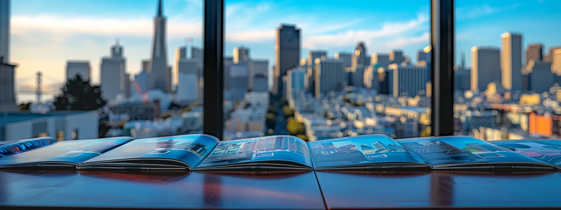 a group of moving company brochures spread out on a table, showcasing detailed estimates and services offered, with the iconic san francisco skyline in the background. a group of moving company brochures spread out on a table, showcasing detailed estimates and services offered, with the iconic san francisco skyline in the background.