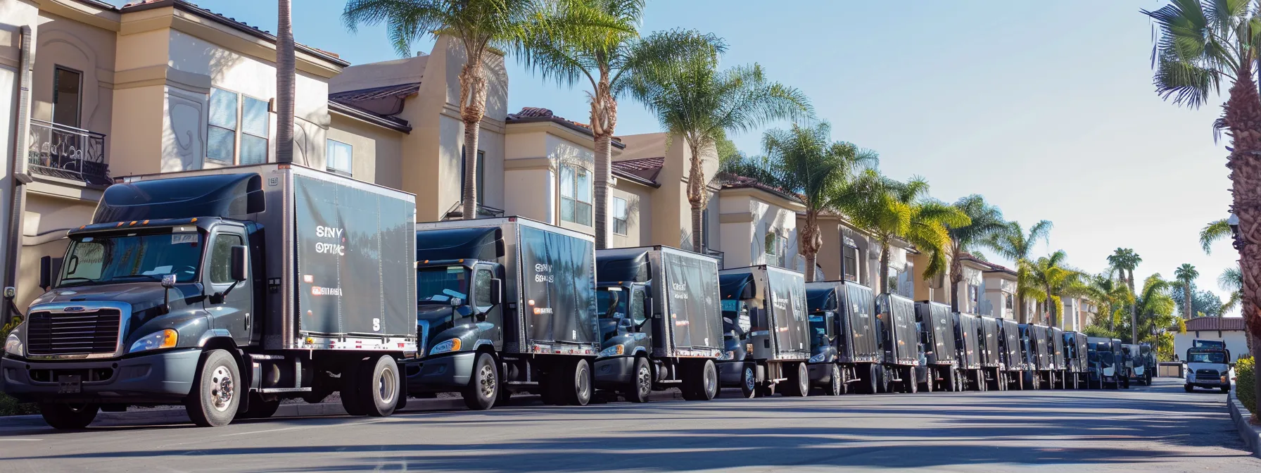a group of moving trucks lined up in a row, ready to transport belongings across long distances, showcasing the top long-distance moving companies in orange county.
