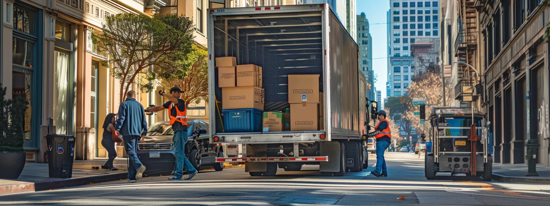 a group of professional long haul movers carefully loading furniture onto a moving truck in downtown san francisco. a group of professional long haul movers carefully loading furniture onto a moving truck in downtown san francisco.