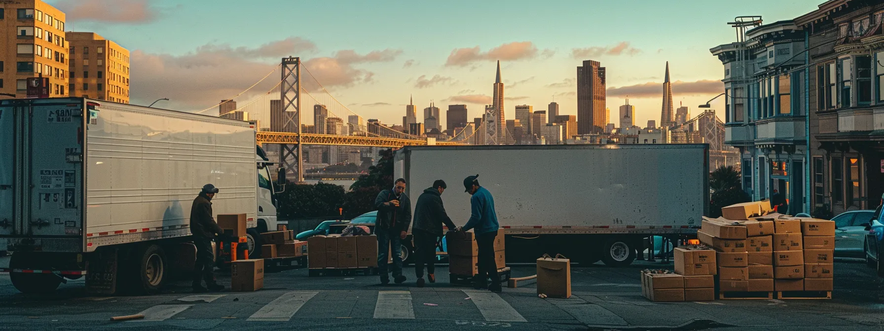 a group of professional movers in san francisco carefully loading boxes onto a moving truck, with the iconic city skyline in the background. a group of professional movers in san francisco carefully loading boxes onto a moving truck, with the iconic city skyline in the background.