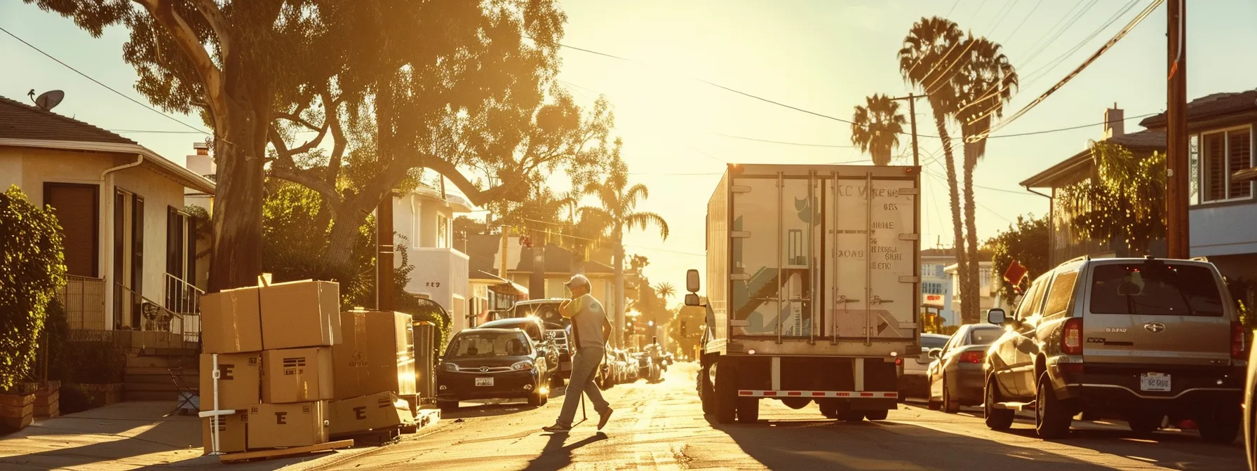 a group of professional movers carefully transporting furniture through a sunny la neighborhood, with a moving truck parked nearby. a group of professional movers carefully transporting furniture through a sunny la neighborhood, with a moving truck parked nearby.
