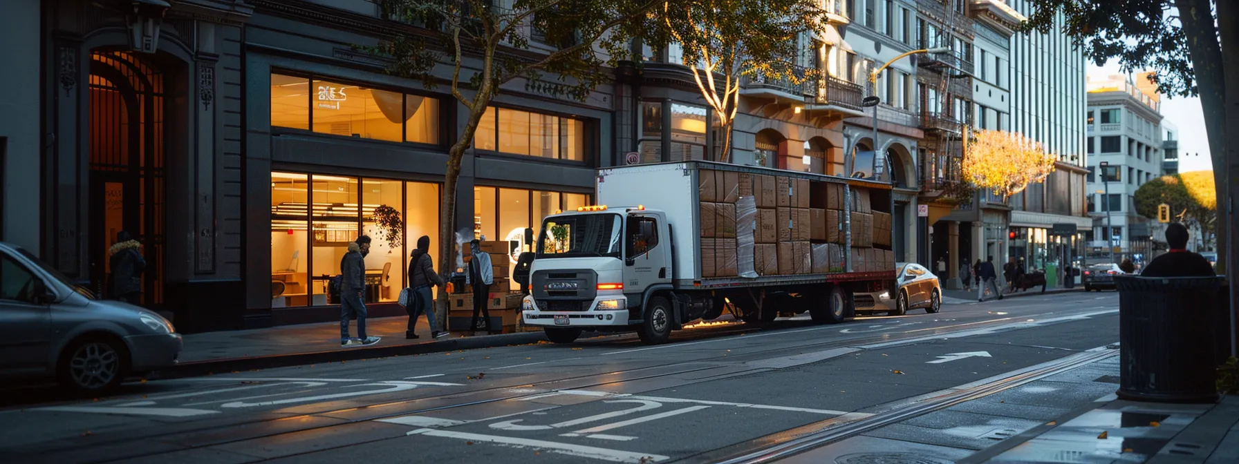 a group of professional movers in san francisco's bustling downtown area, packing and loading office furniture into a moving truck with precision and efficiency. a group of professional movers in san francisco's bustling downtown area, packing and loading office furniture into a moving truck with precision and efficiency.