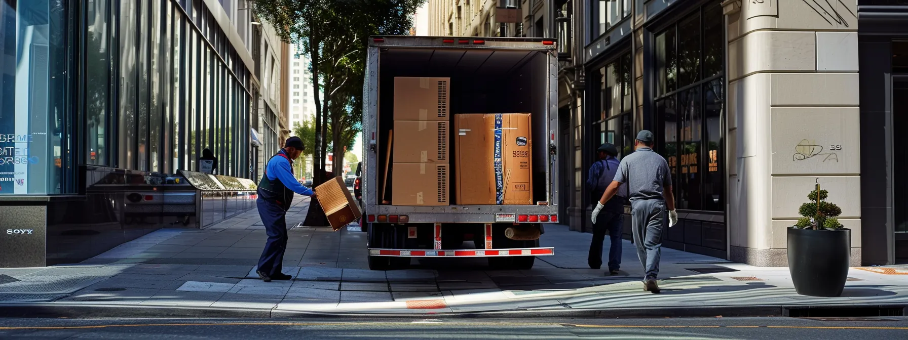 a group of professional movers carefully loading furniture into a truck in downtown san francisco, showcasing their expertise and efficiency in long-distance relocations. a group of professional movers carefully loading furniture into a truck in downtown san francisco, showcasing their expertise and efficiency in long-distance relocations.