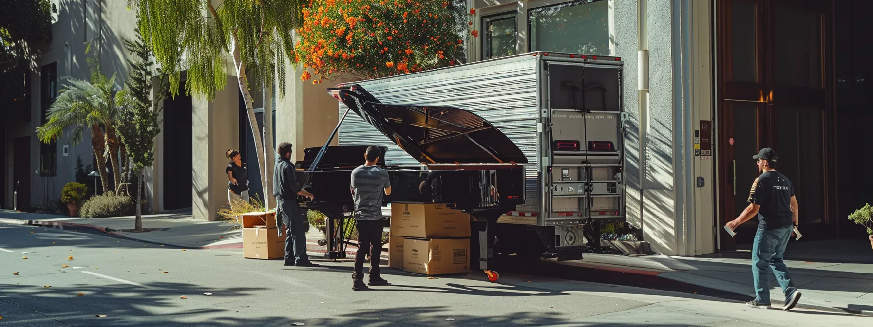 a group of professional movers carefully loading a sleek black piano into a moving truck in sunny los angeles. a group of professional movers carefully loading a sleek black piano into a moving truck in sunny los angeles.
