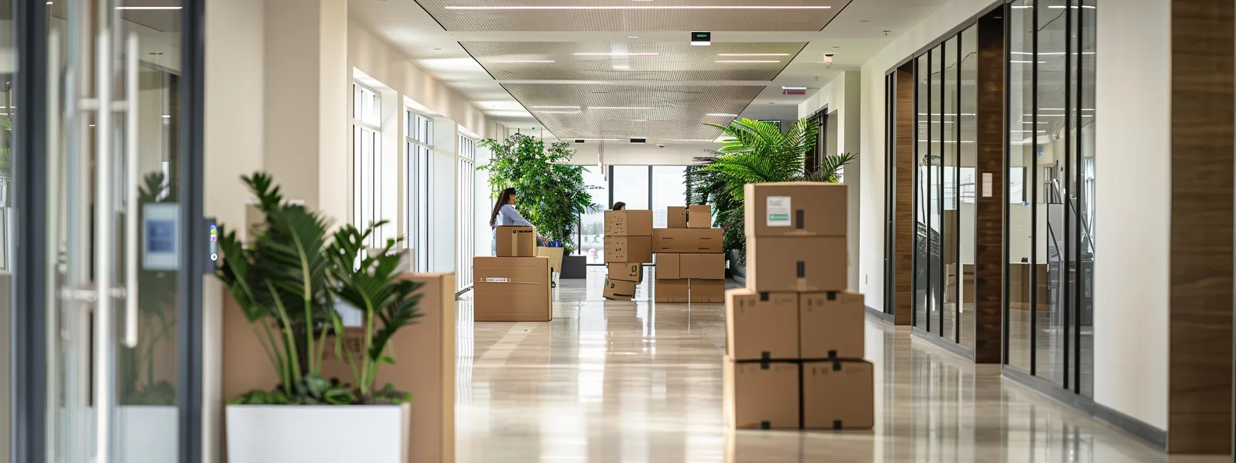 a group of professional office movers carefully transporting boxes and equipment through a modern office space in orange county.